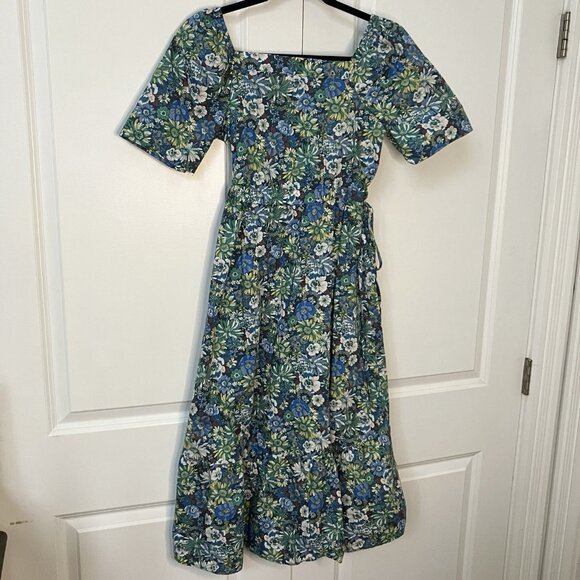 Homemade Floral Midi Dress Womens Cottagecore Prairie Tiered Blue Hyacinth - Picture 2 of 8